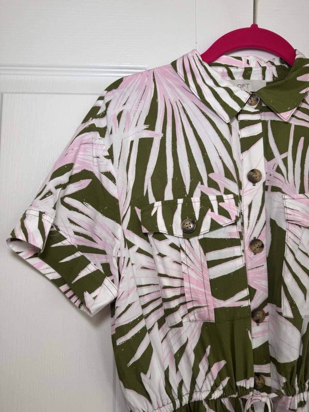 LOFT Tropical Palm Print Drawstring Waist Shirt Dress Size Small - Picture 3 of 11